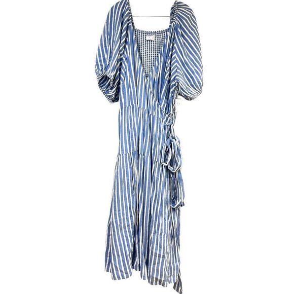 Old Navy Wrap Maxi Dress Womens 4X Blue Striped Puff Sleeve Side Tie Vacation - Picture 8 of 10